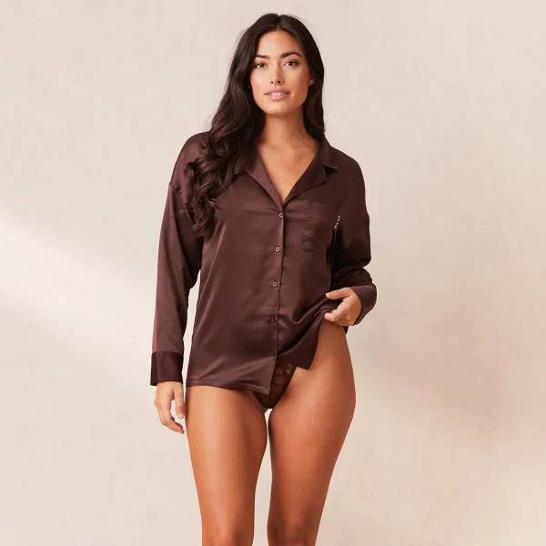 Lounge Underwear Classic Satin Chemise de Pyjama - Chocolat Clearance