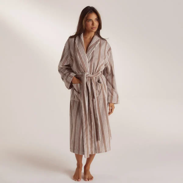 Lounge Underwear Towelling Dressing Gown - Striped Malt Beige rayé Cheap