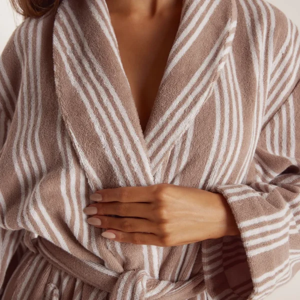 Lounge Underwear Towelling Dressing Gown - Striped Malt Beige rayé Cheap