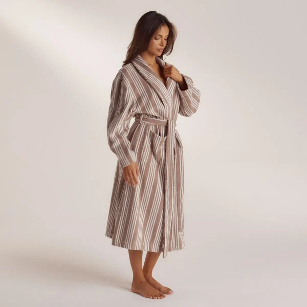 Lounge Underwear Towelling Dressing Gown - Striped Malt Beige rayé Cheap